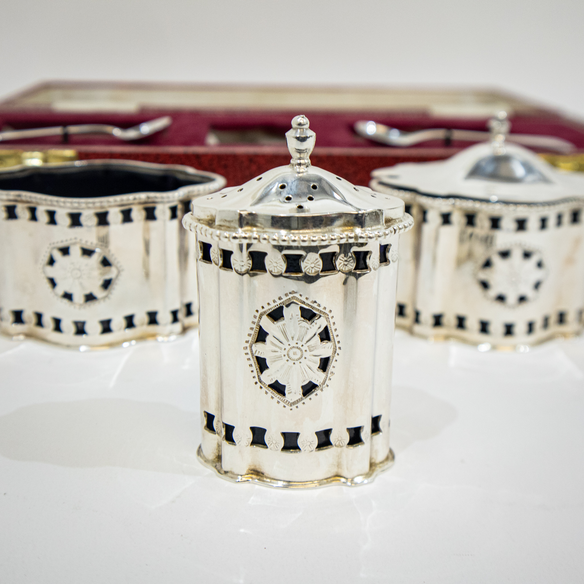 Superb Cased Silver Five Piece Cruet Set