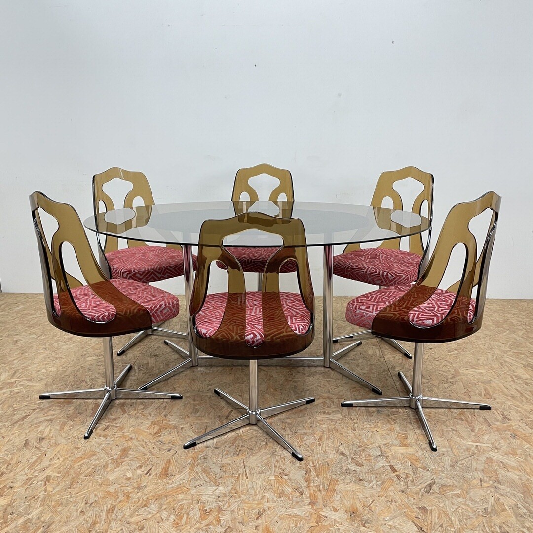 Mid Century Smoked Perspex Chairs & Glass Table