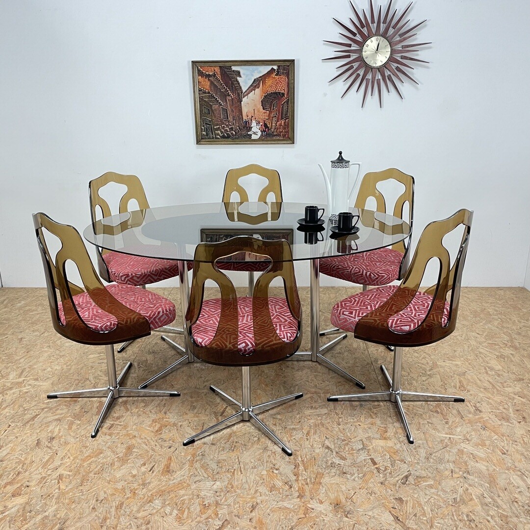 Mid Century Smoked Perspex Chairs & Glass Table