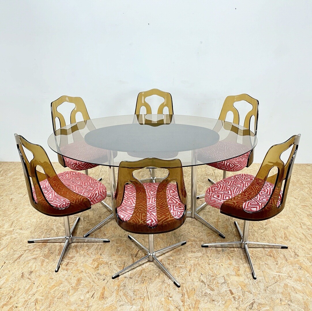 Mid Century Smoked Perspex Chairs & Glass Table