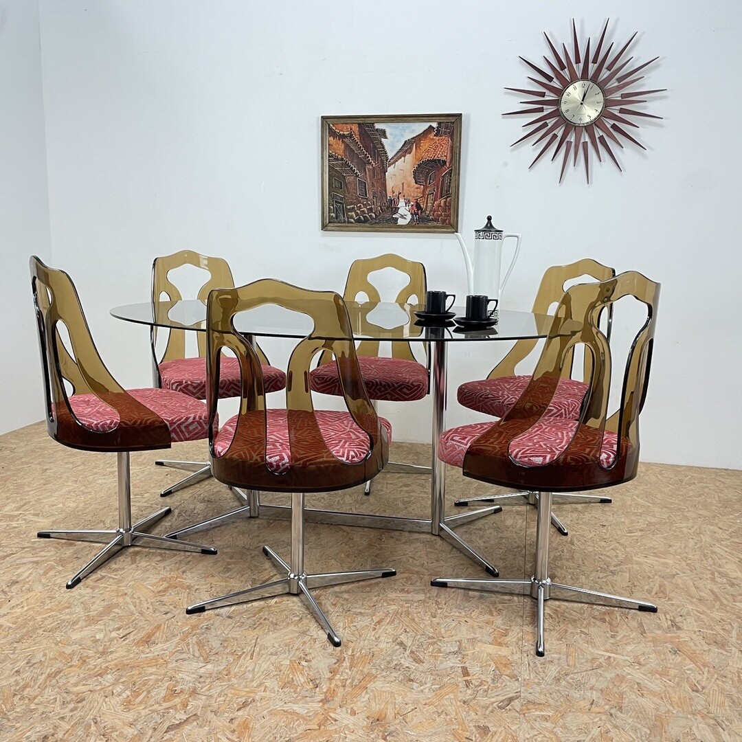 Mid Century Smoked Perspex Chairs & Glass Table