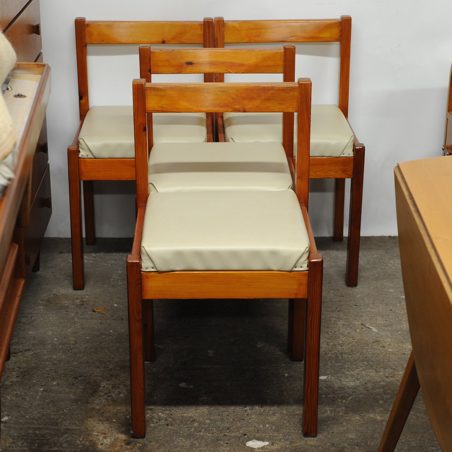 Vintage Pine & Cream Vinyl Dining Chairs, 1980s, Set Of 4