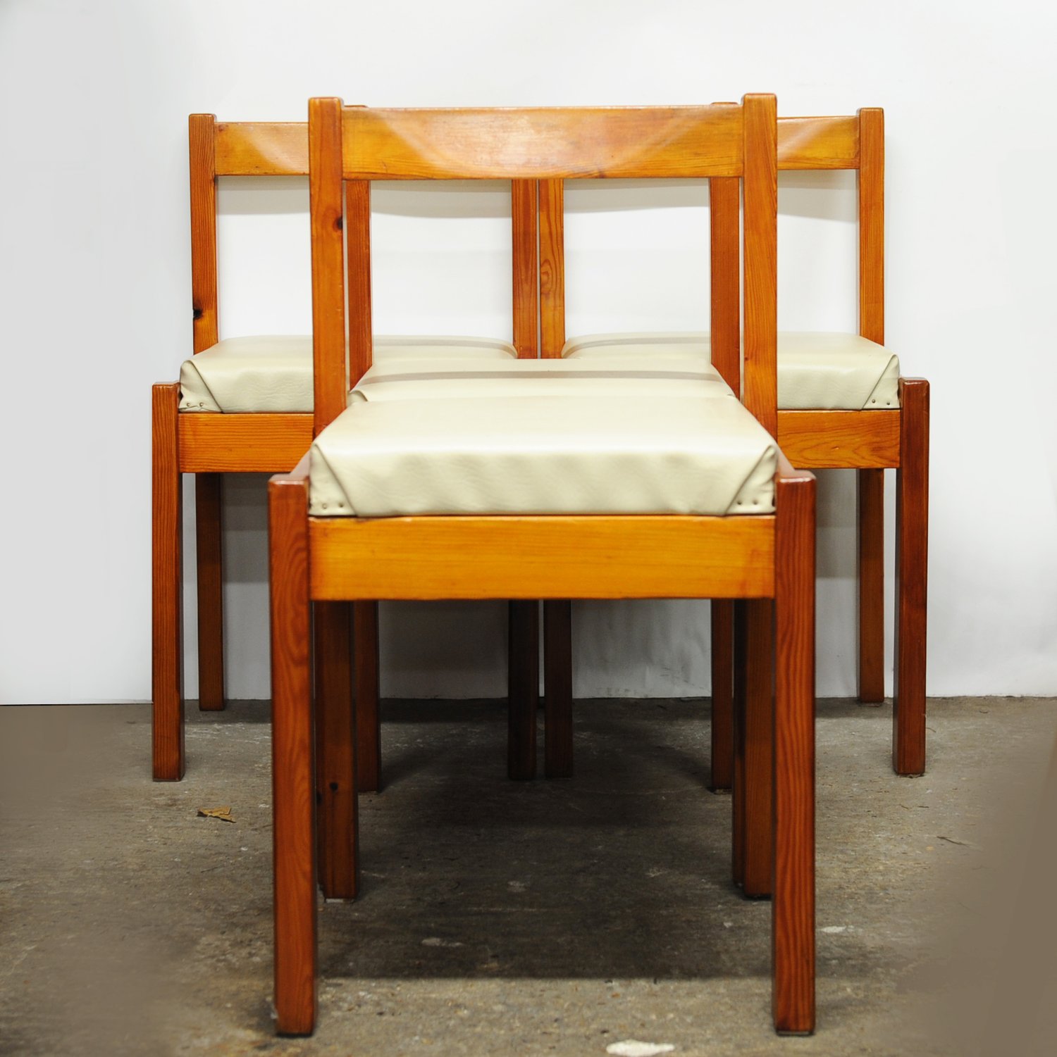 Vintage Pine & Cream Vinyl Dining Chairs, 1980s, Set Of 4