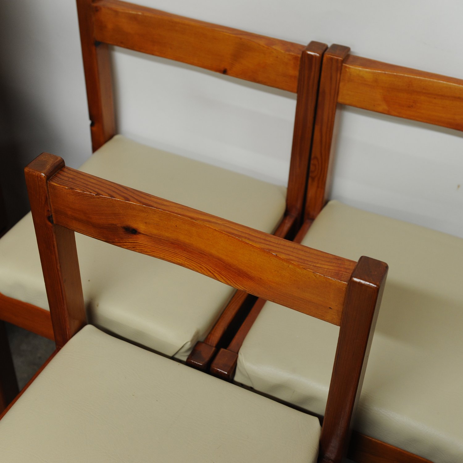 Vintage Pine & Cream Vinyl Dining Chairs, 1980s, Set Of 4