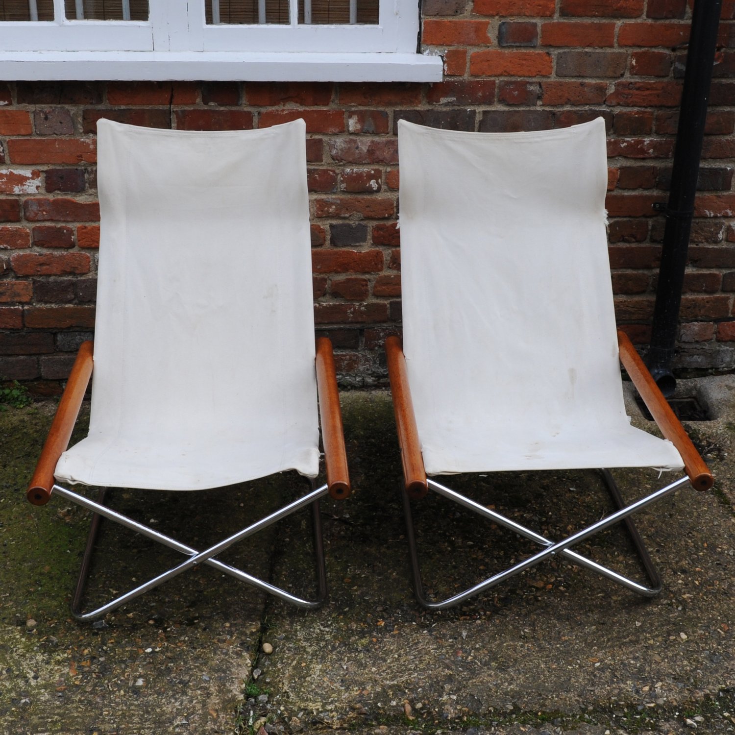 Mid Century White Canvas Ny Chairs By Takeshi Nii, Japan, 1950s, Set Of 2