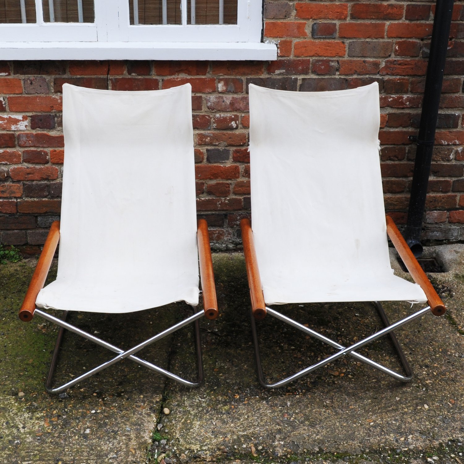 Mid Century White Canvas Ny Chairs By Takeshi Nii, Japan, 1950s, Set Of 2
