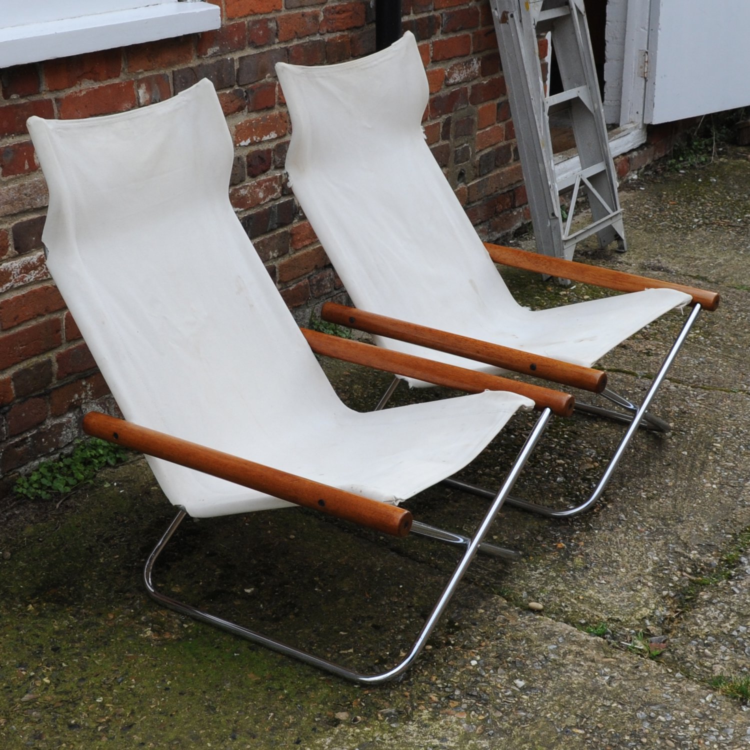 Mid Century White Canvas Ny Chairs By Takeshi Nii, Japan, 1950s, Set Of 2