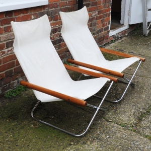 Mid Century White Canvas Ny Chairs By Takeshi Nii, Japan, 1950s, Set Of 2