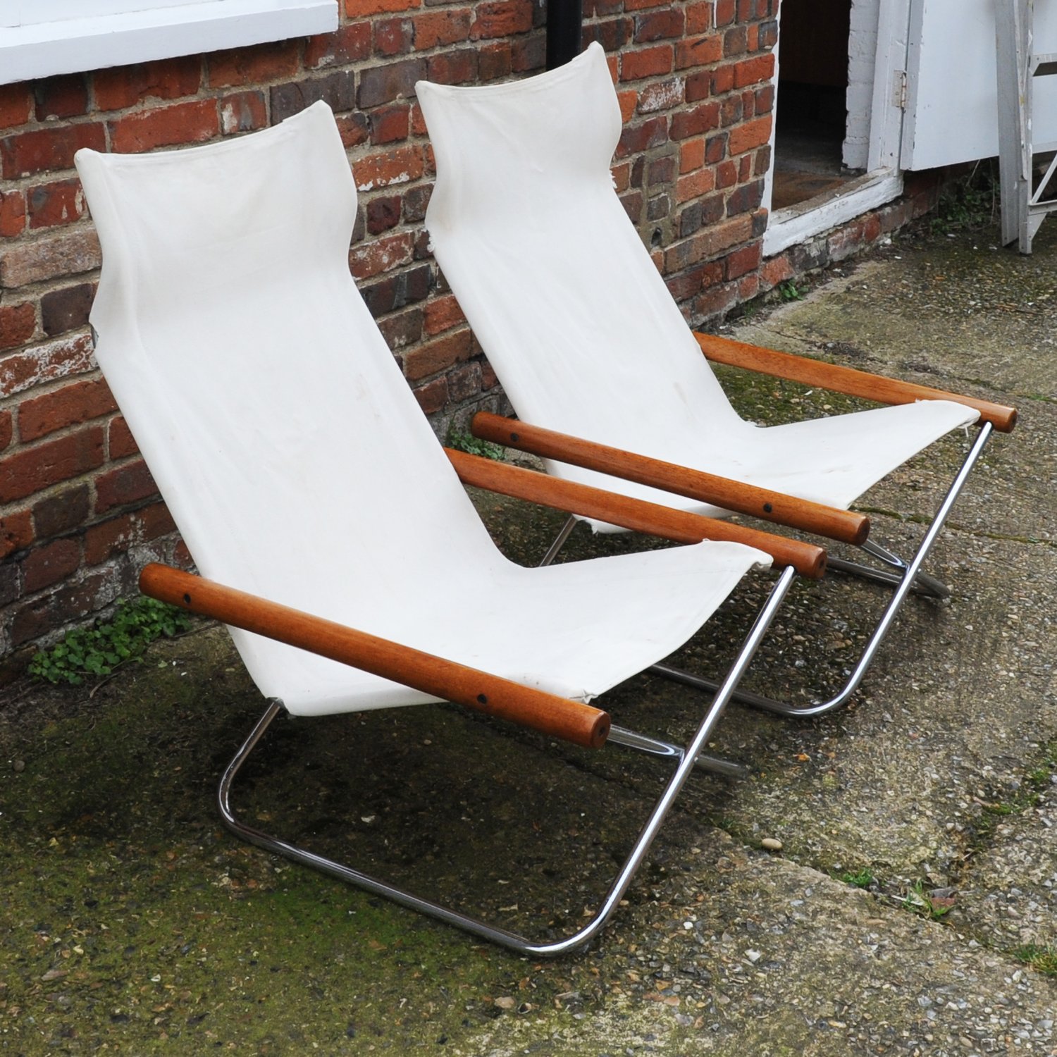 Mid Century White Canvas Ny Chairs By Takeshi Nii, Japan, 1950s, Set Of 2