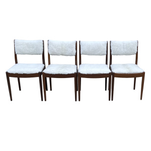 Four Mid Century Teak, Low Back, Dining Chairs, Upholstered In Natural ShearlingSheepskin