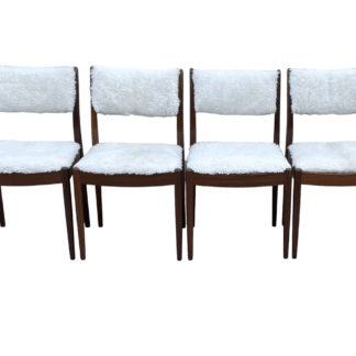 Four Mid Century Teak, Low Back, Dining Chairs, Upholstered In Natural ShearlingSheepskin