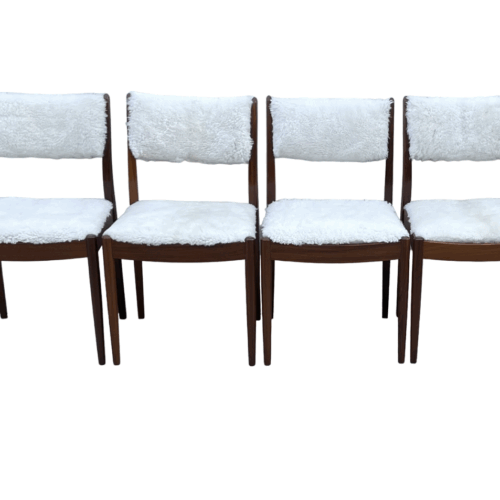 Four Mid Century Teak, Low Back, Dining Chairs, Upholstered In Natural ShearlingSheepskin