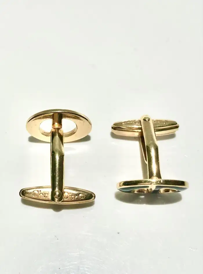 1980s Christian Dior Gold Tone Metal Black Enamel Cufflinks