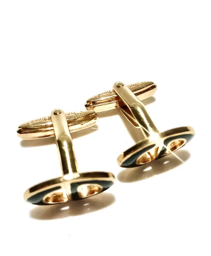 1980s Christian Dior Gold Tone Metal Black Enamel Cufflinks