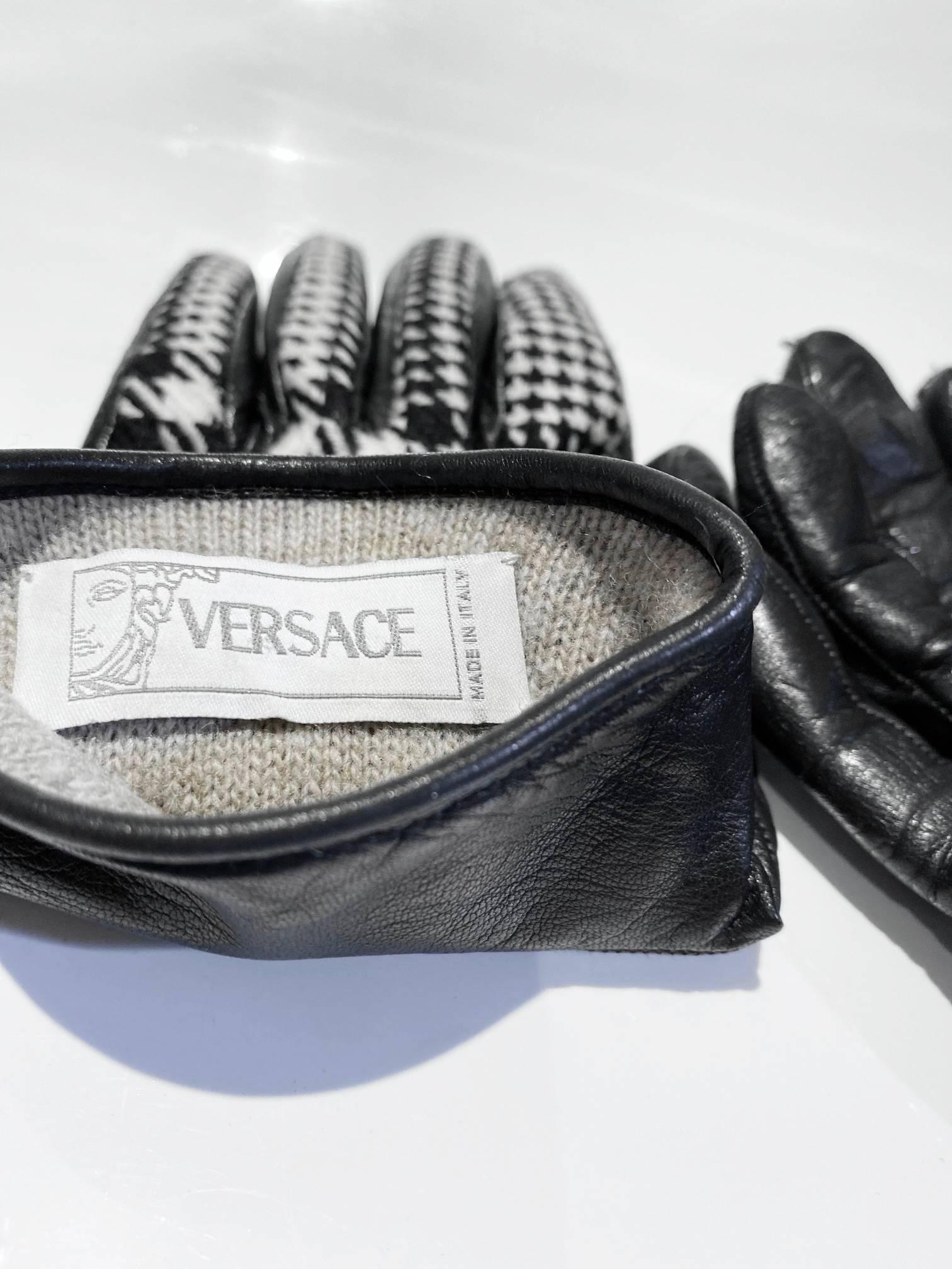1990s Gianni Versace Dogtooth Wool Leather Winter Gloves