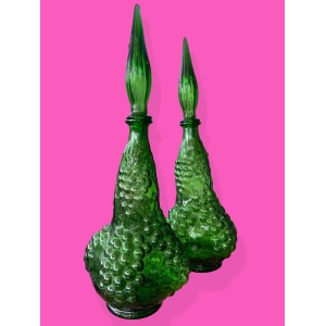Pair of Italian Empoli Emerald Green Grape Design Glass Genie Decanter Bottles
