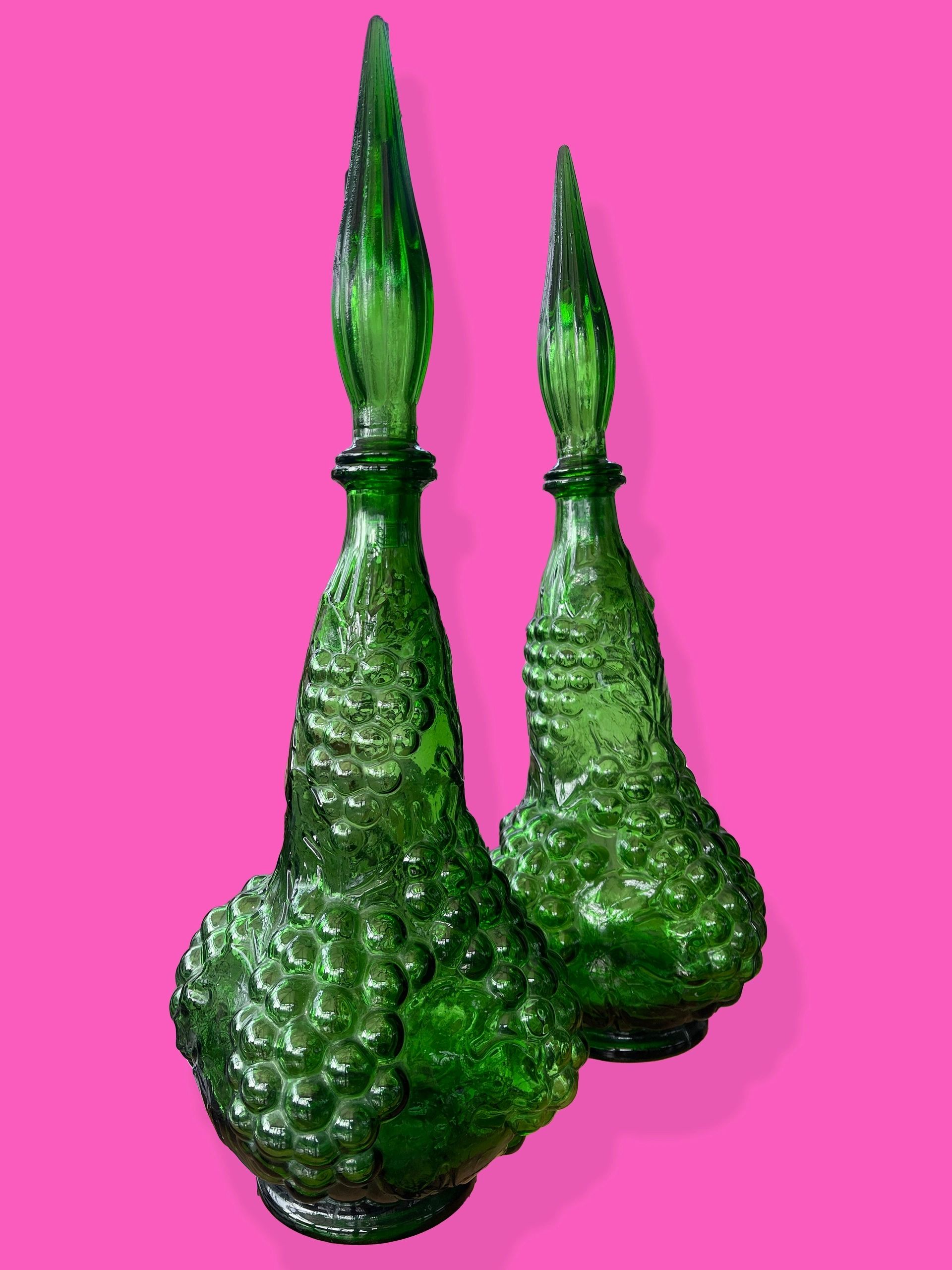 Pair of Italian Empoli Emerald Green Grape Design Glass Genie Decanter Bottles