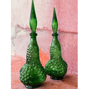 Pair of Italian Empoli Emerald Green Grape Design Glass Genie Decanter Bottles
