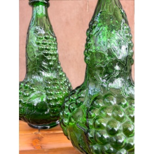 Pair of Italian Empoli Emerald Green Grape Design Glass Genie Decanter Bottles