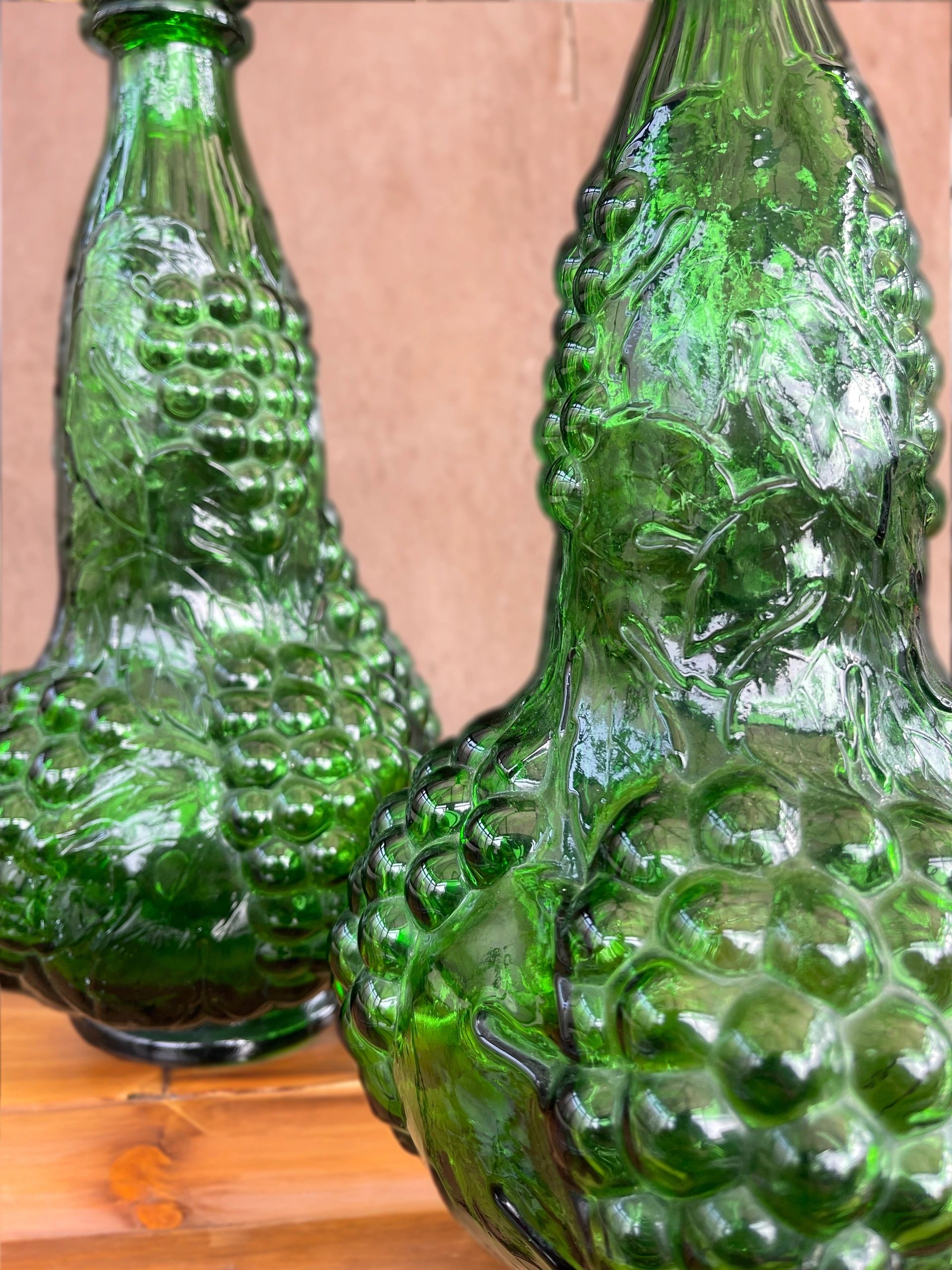 Pair of Italian Empoli Emerald Green Grape Design Glass Genie Decanter Bottles