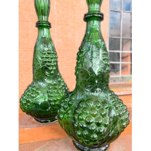 Pair of Italian Empoli Emerald Green Grape Design Glass Genie Decanter Bottles