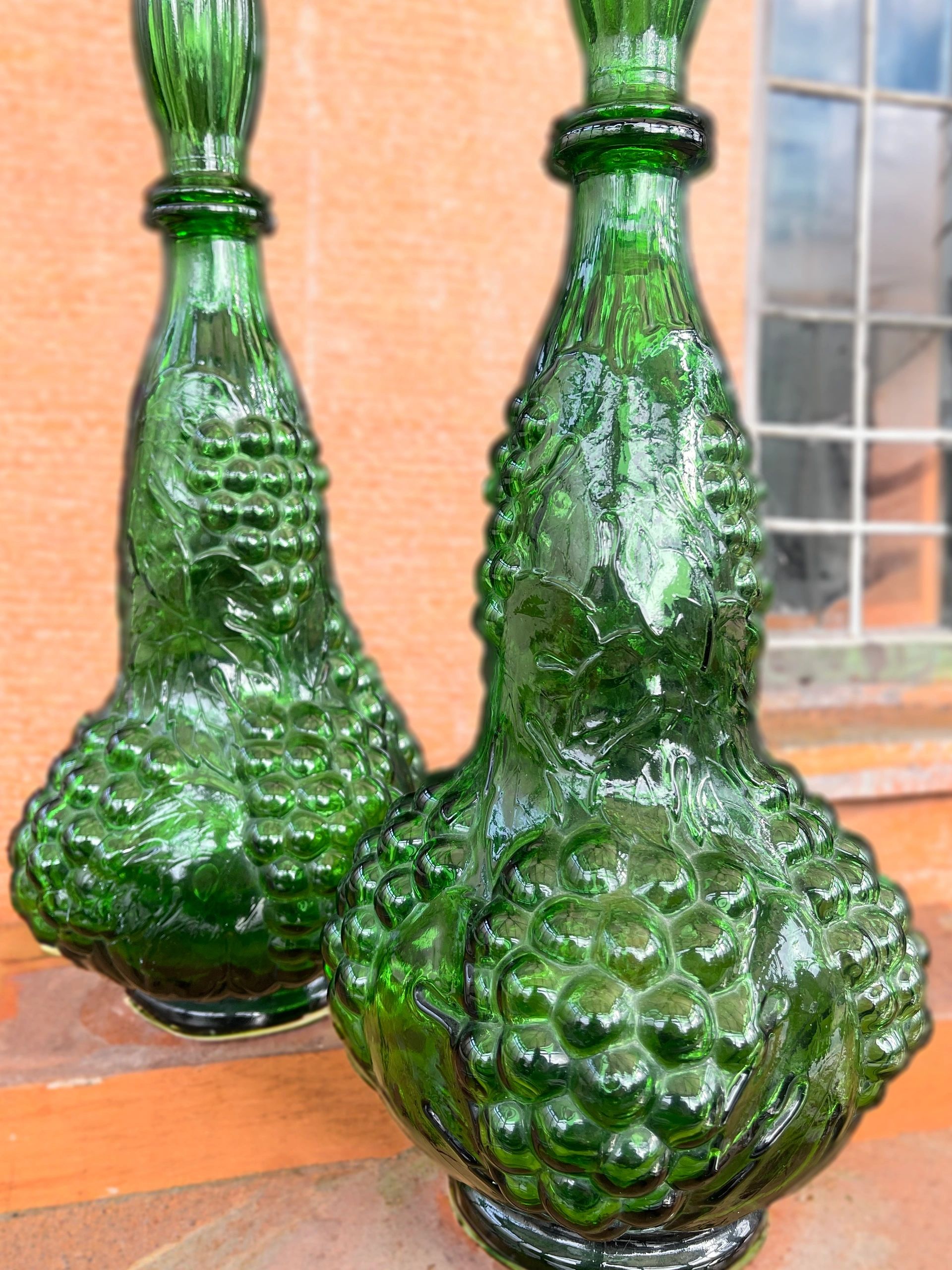 Pair of Italian Empoli Emerald Green Grape Design Glass Genie Decanter Bottles