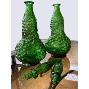 Pair of Italian Empoli Emerald Green Grape Design Glass Genie Decanter Bottles