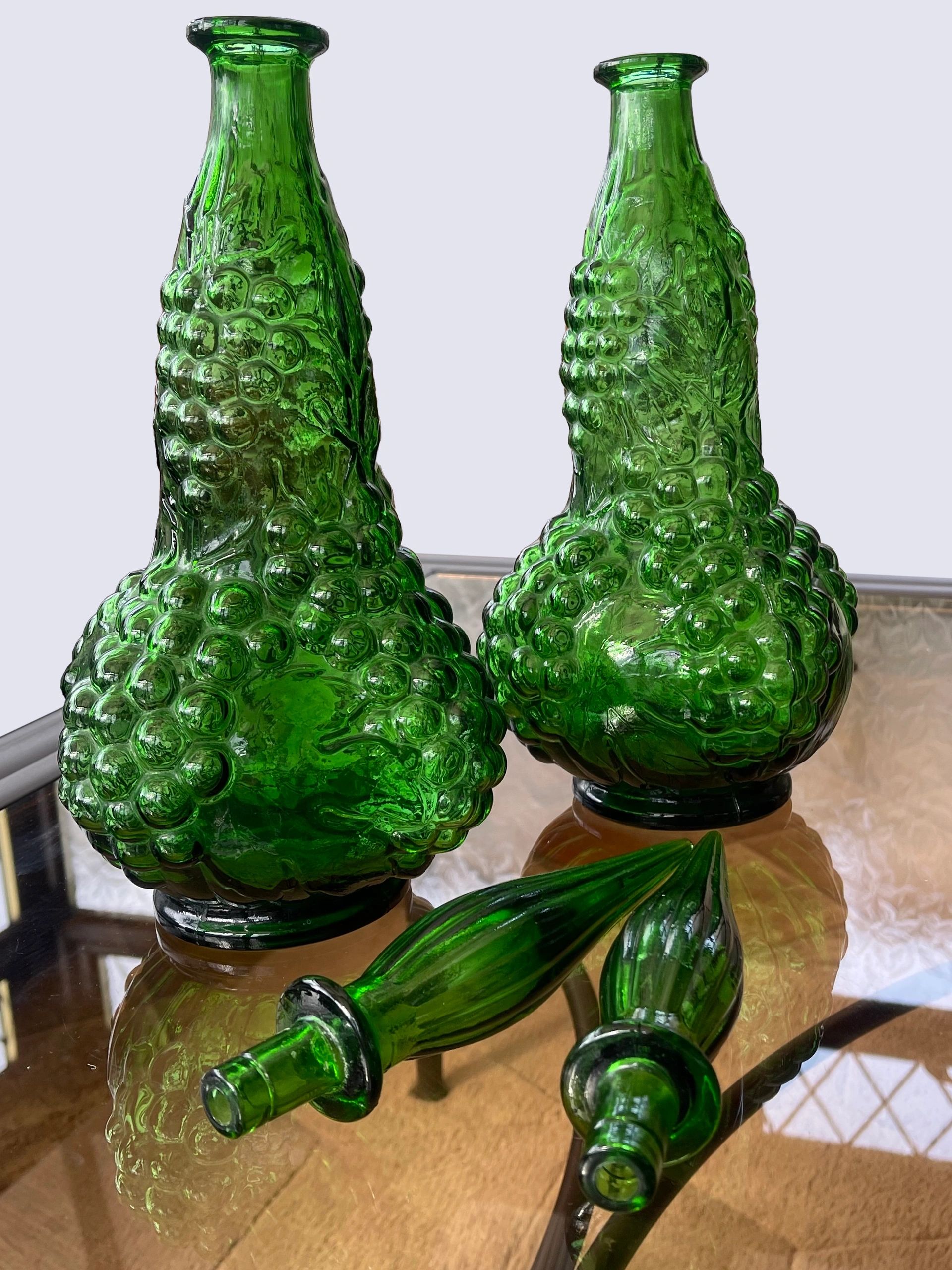 Pair of Italian Empoli Emerald Green Grape Design Glass Genie Decanter Bottles