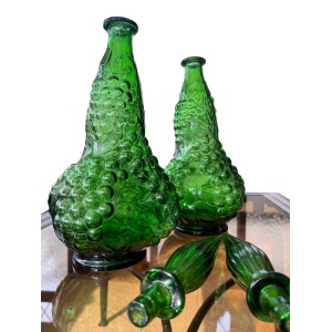 Pair of Italian Empoli Emerald Green Grape Design Glass Genie Decanter Bottles