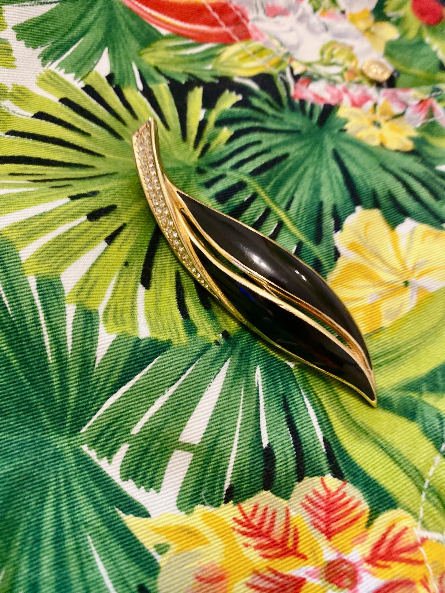 1980s CHRISTIAN DIOR ENAMEL LEAF gold plated crystal BROOCH