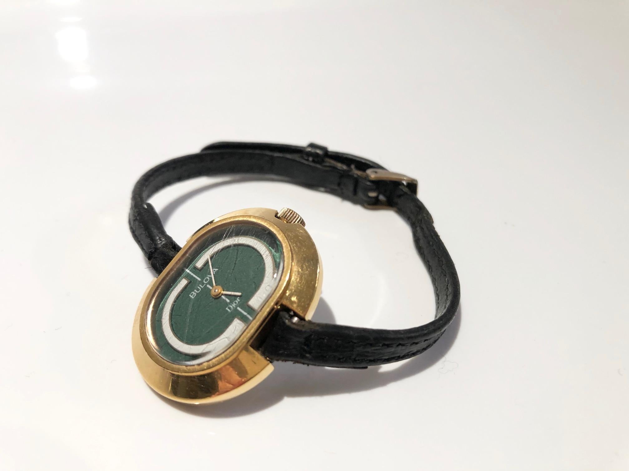 1970s Bulova for Christian Dior 14K Gold Plated Oval Green Dial Wristwatch
