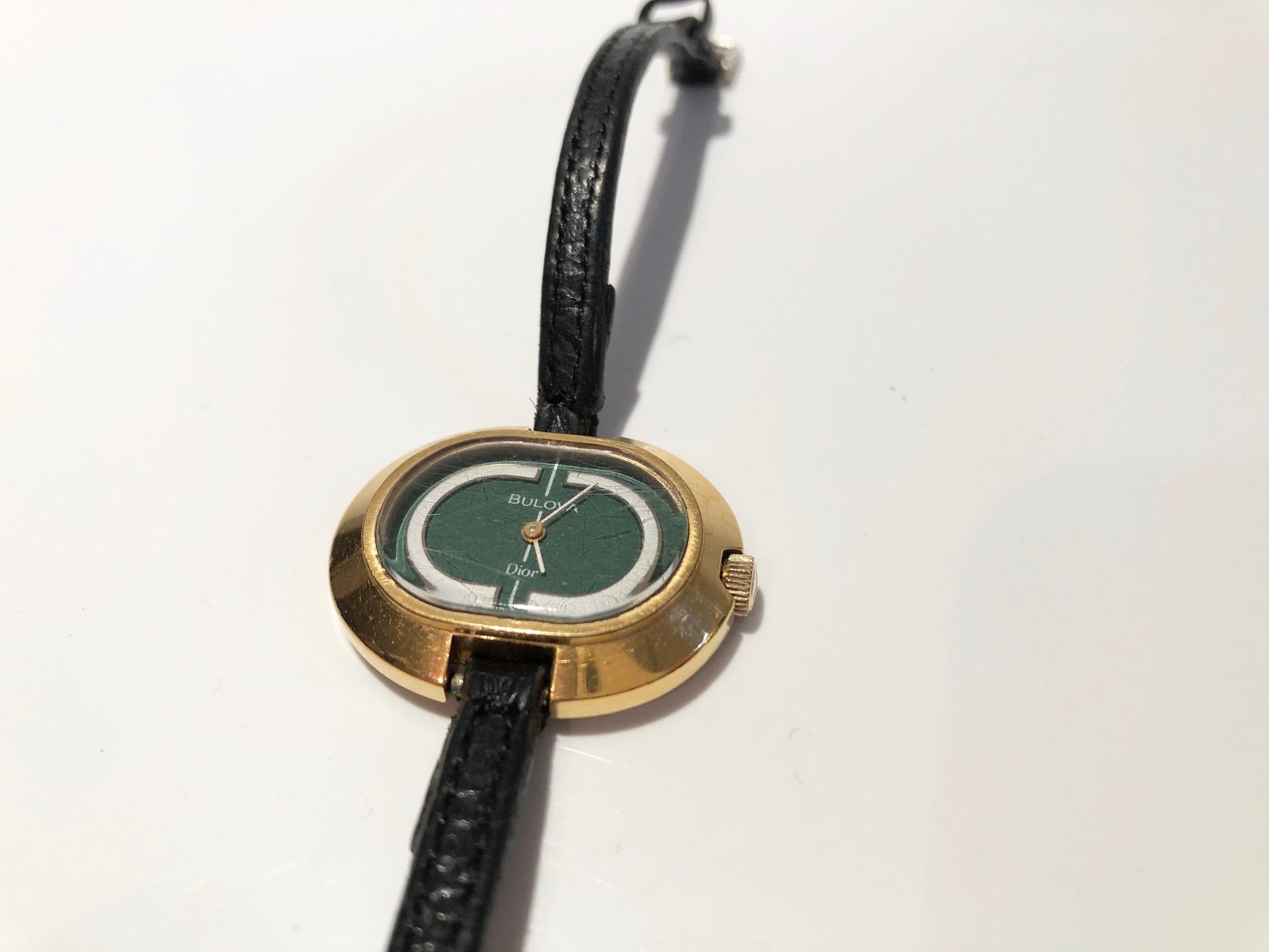 1970s Bulova for Christian Dior 14K Gold Plated Oval Green Dial Wristwatch