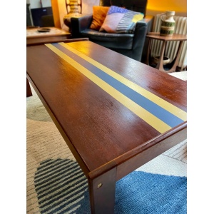 Striking and unique Danish Mid century teak coffee table with central 'team colours' stripe detail