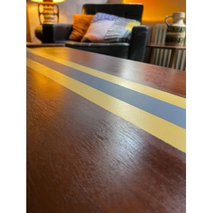 Striking and unique Danish Mid century teak coffee table with central 'team colours' stripe detail