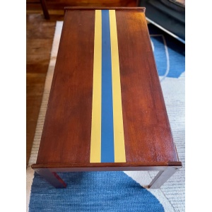 Striking and unique Danish Mid century teak coffee table with central 'team colours' stripe detail