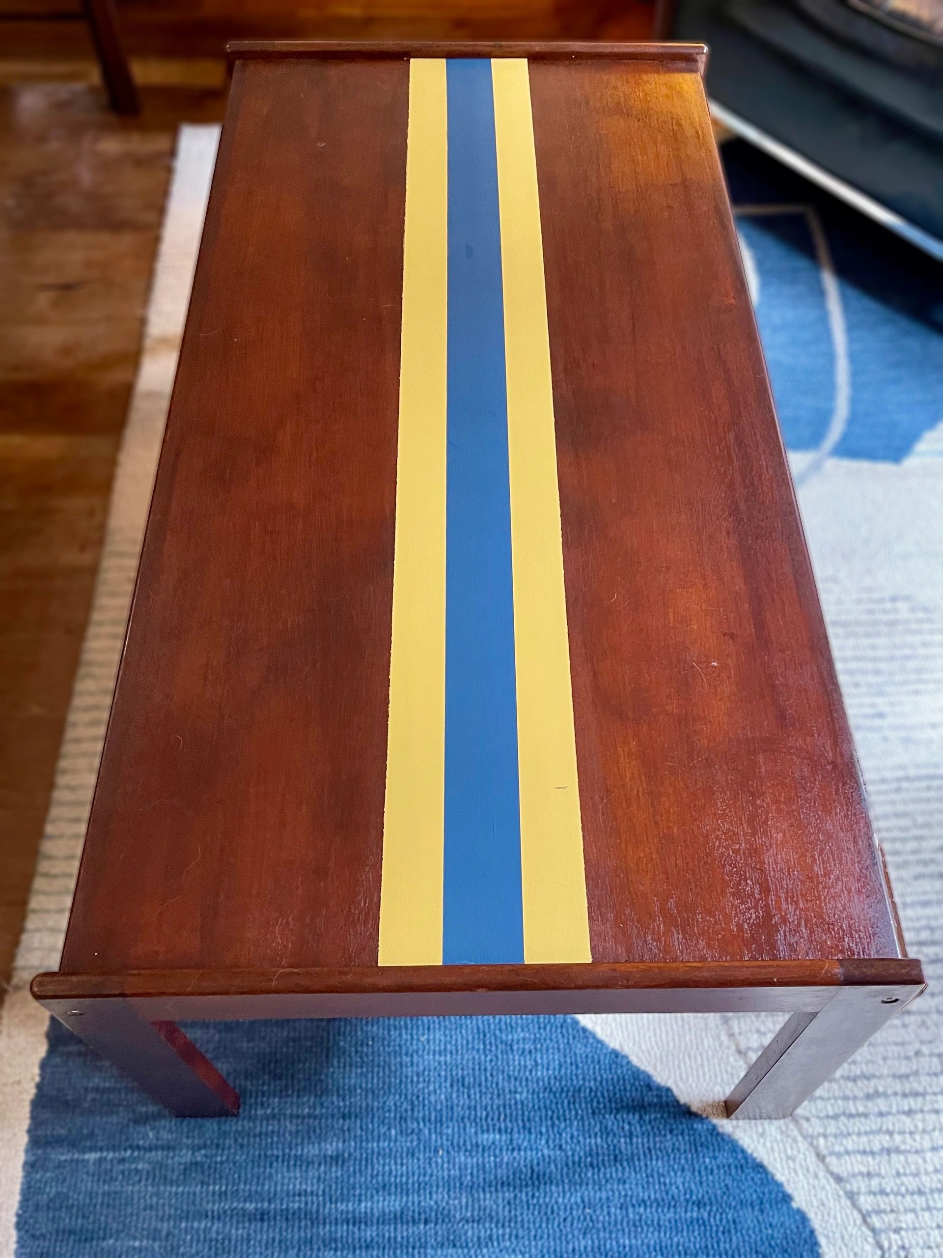 Striking and unique Danish Mid century teak coffee table with central 'team colours' stripe detail