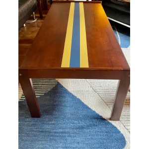 Striking and unique Danish Mid century teak coffee table with central 'team colours' stripe detail