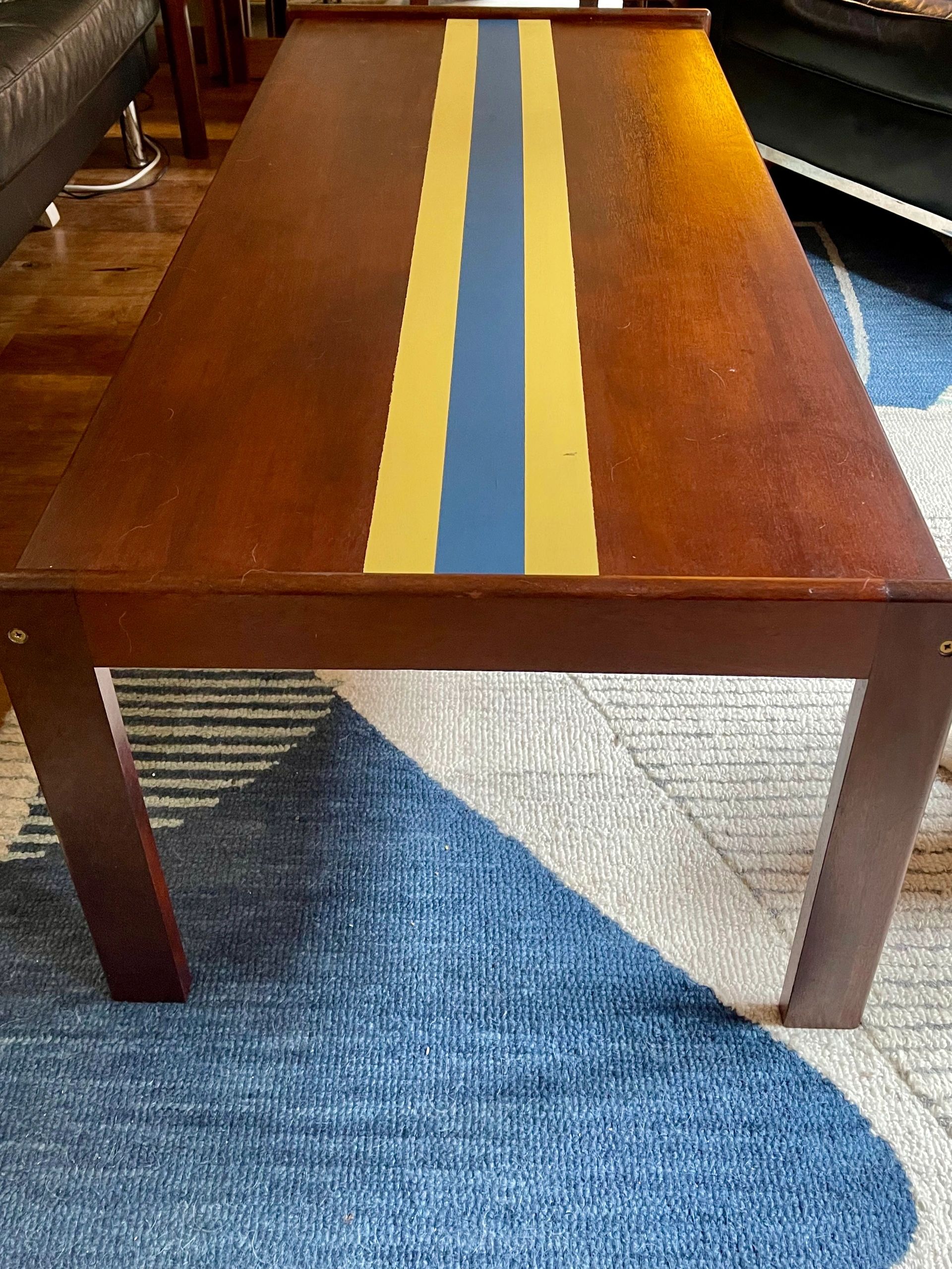 Striking and unique Danish Mid century teak coffee table with central 'team colours' stripe detail