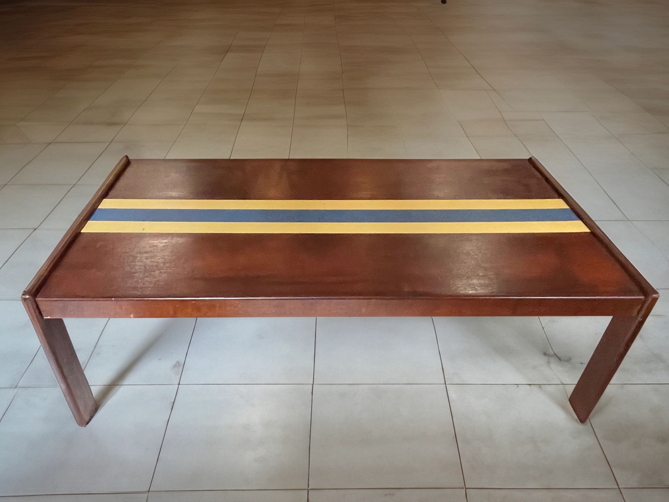 Striking and unique Danish Mid century teak coffee table with central 'team colours' stripe detail