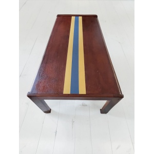 Striking and unique Danish Mid century teak coffee table with central 'team colours' stripe detail