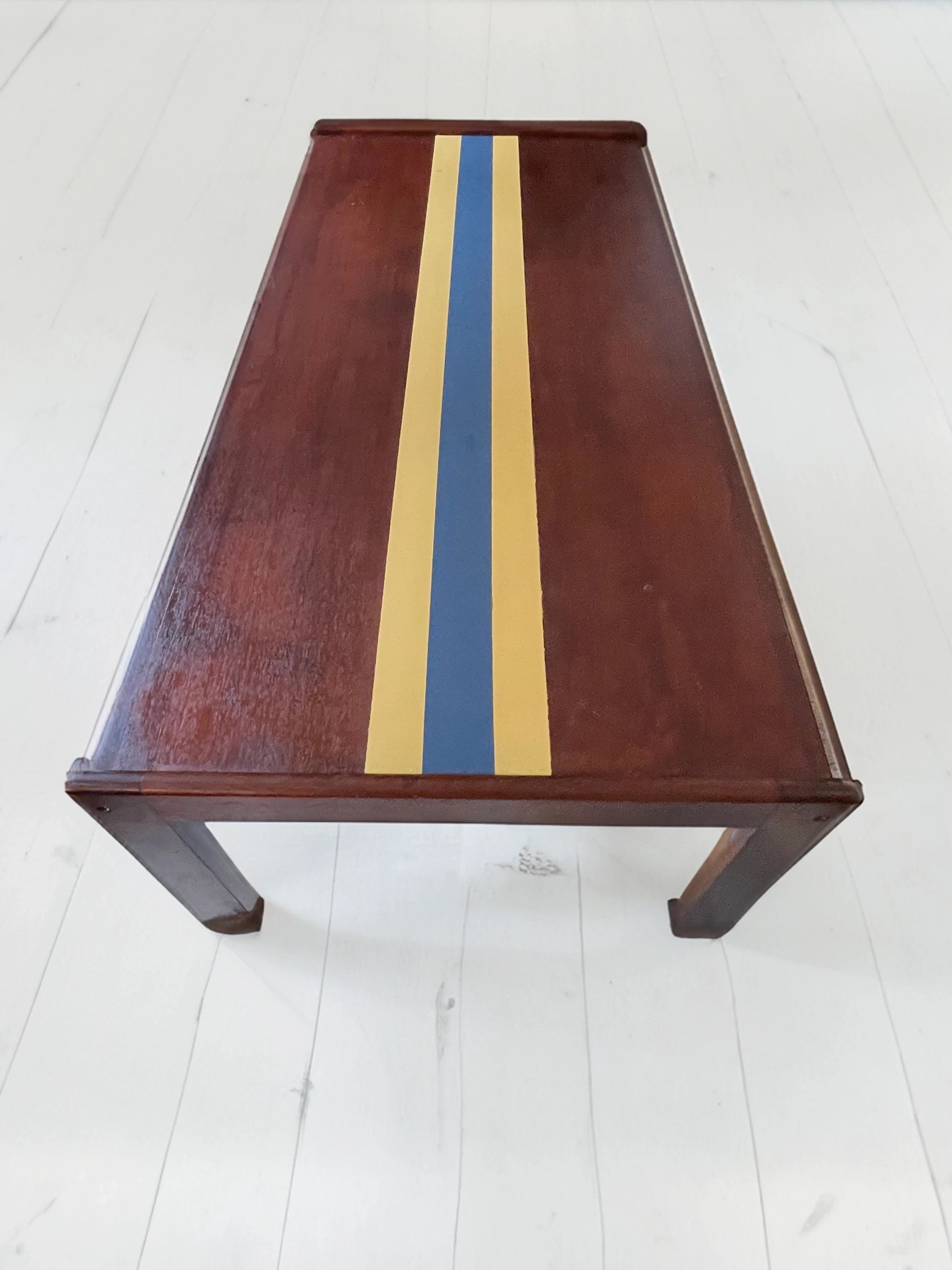 Striking and unique Danish Mid century teak coffee table with central 'team colours' stripe detail