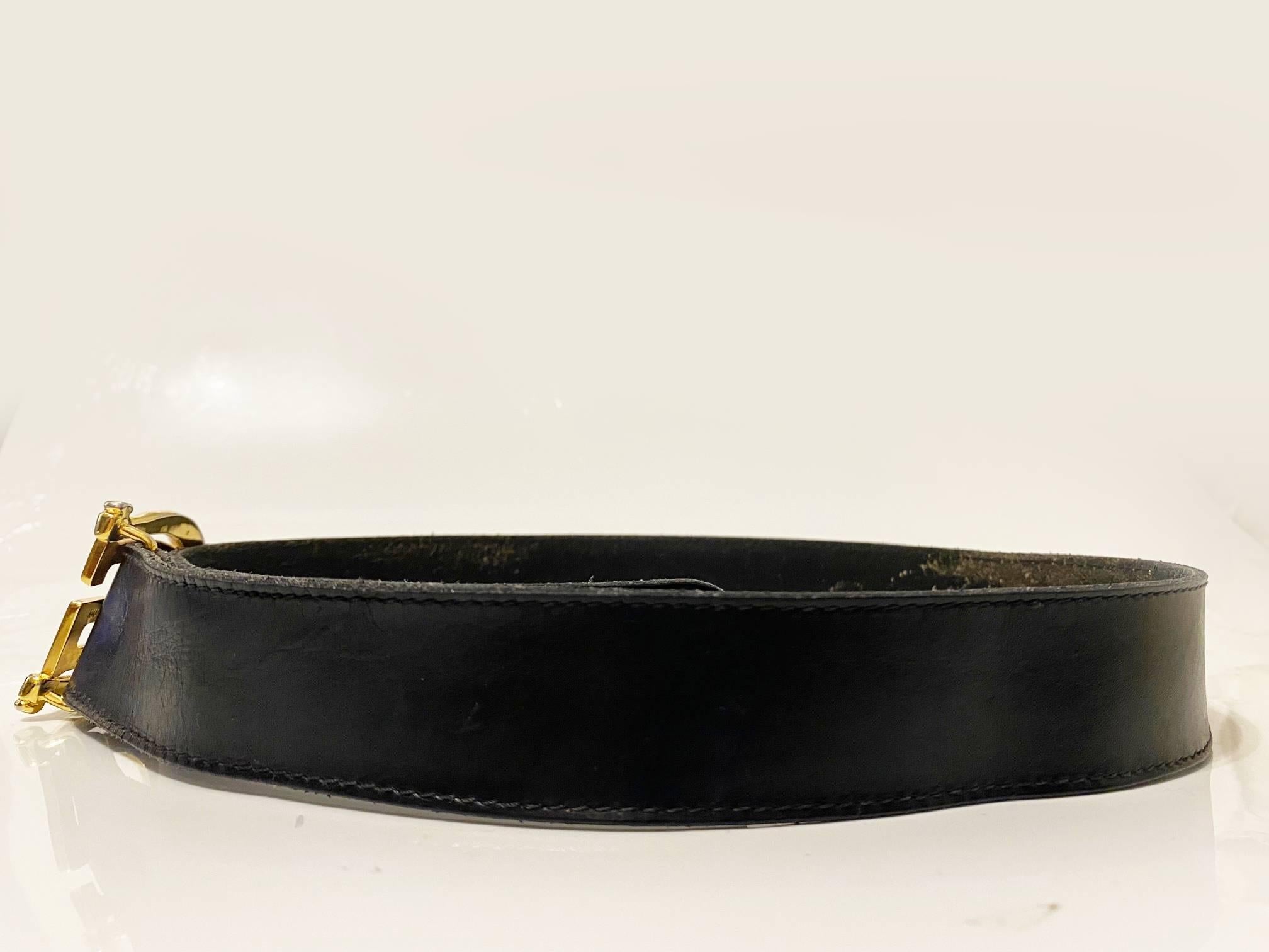1980s Gucci GG Double GG Gold Metal Buckle Black Leather Belt