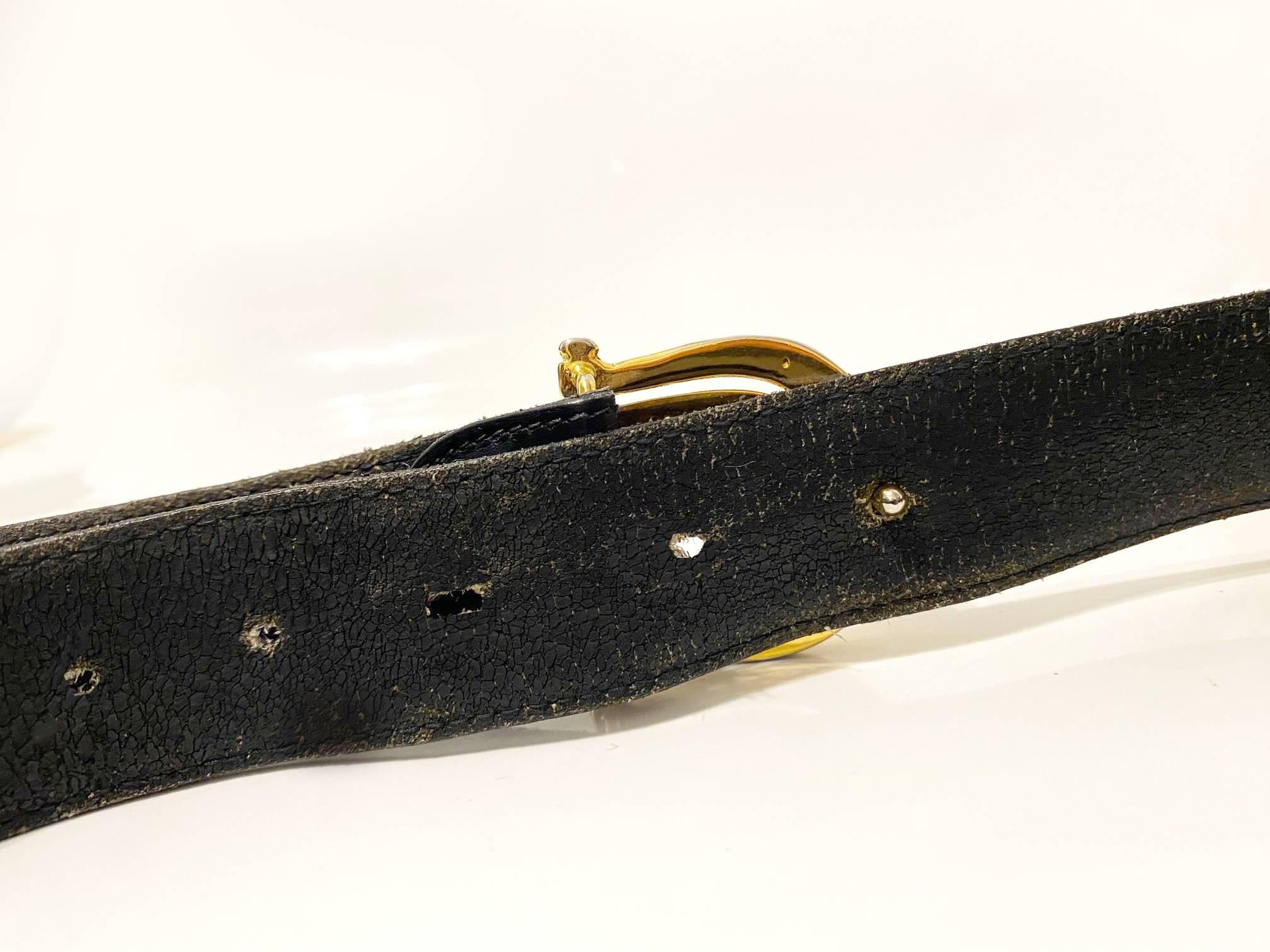 1980s Gucci GG Double GG Gold Metal Buckle Black Leather Belt