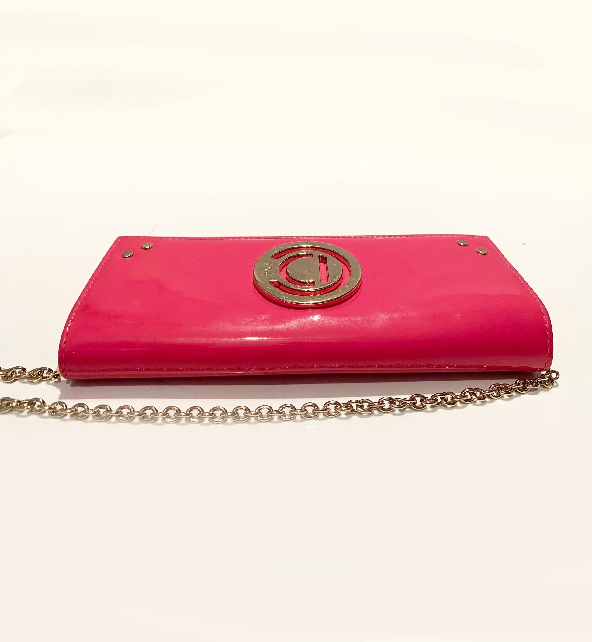 2000s Christian Dior Pink Fuchsia Patent Leather Handbag On Chain