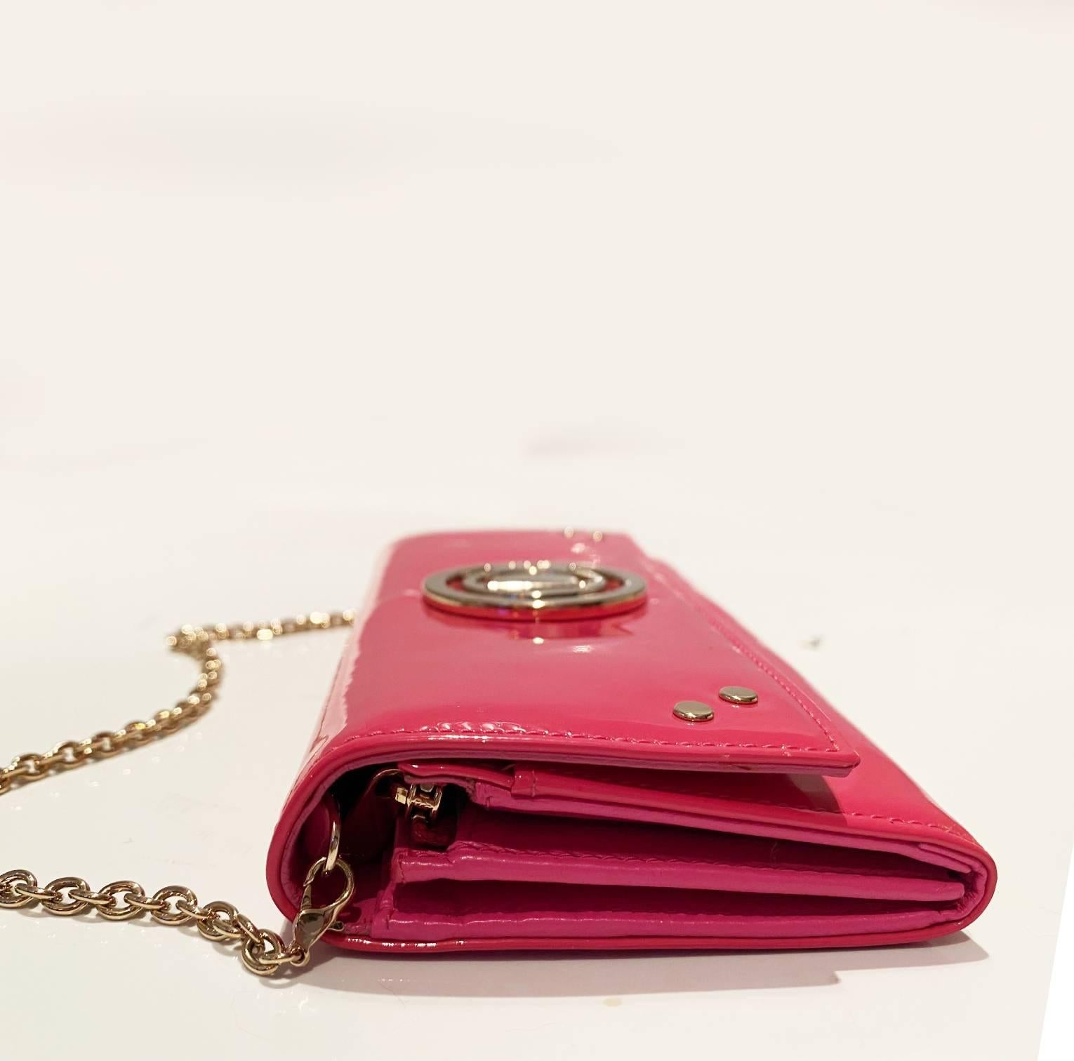 2000s Christian Dior Pink Fuchsia Patent Leather Handbag On Chain