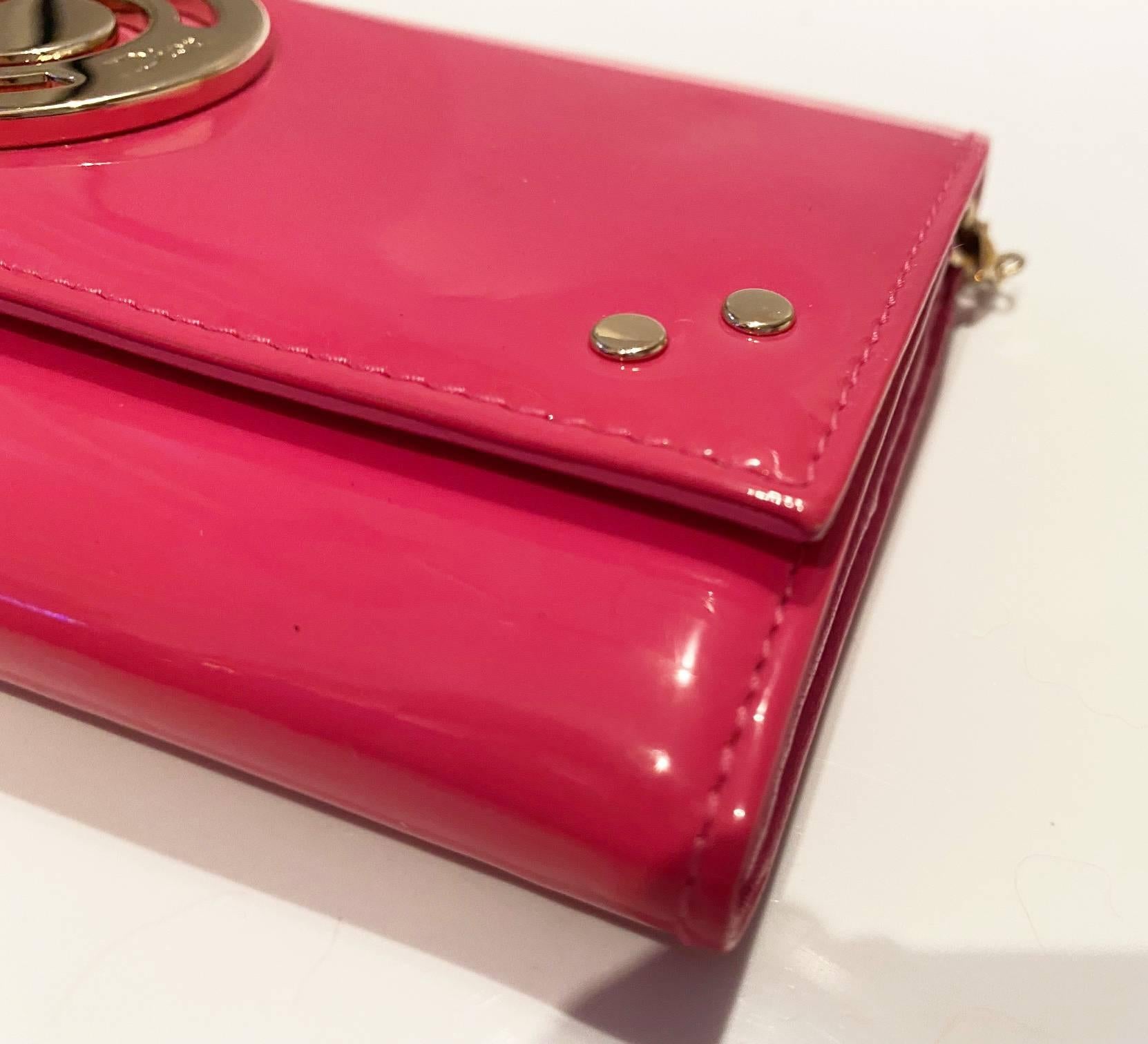 2000s Christian Dior Pink Fuchsia Patent Leather Handbag On Chain