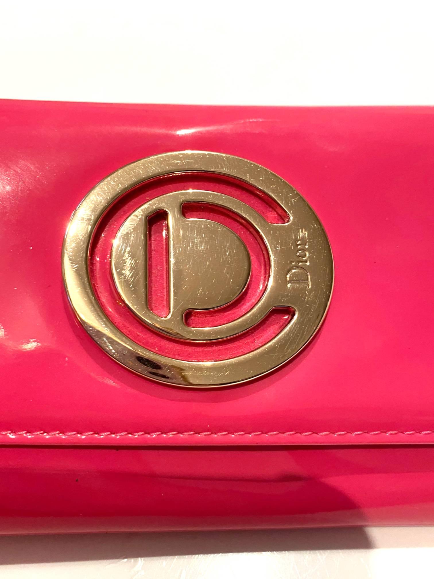 2000s Christian Dior Pink Fuchsia Patent Leather Handbag On Chain