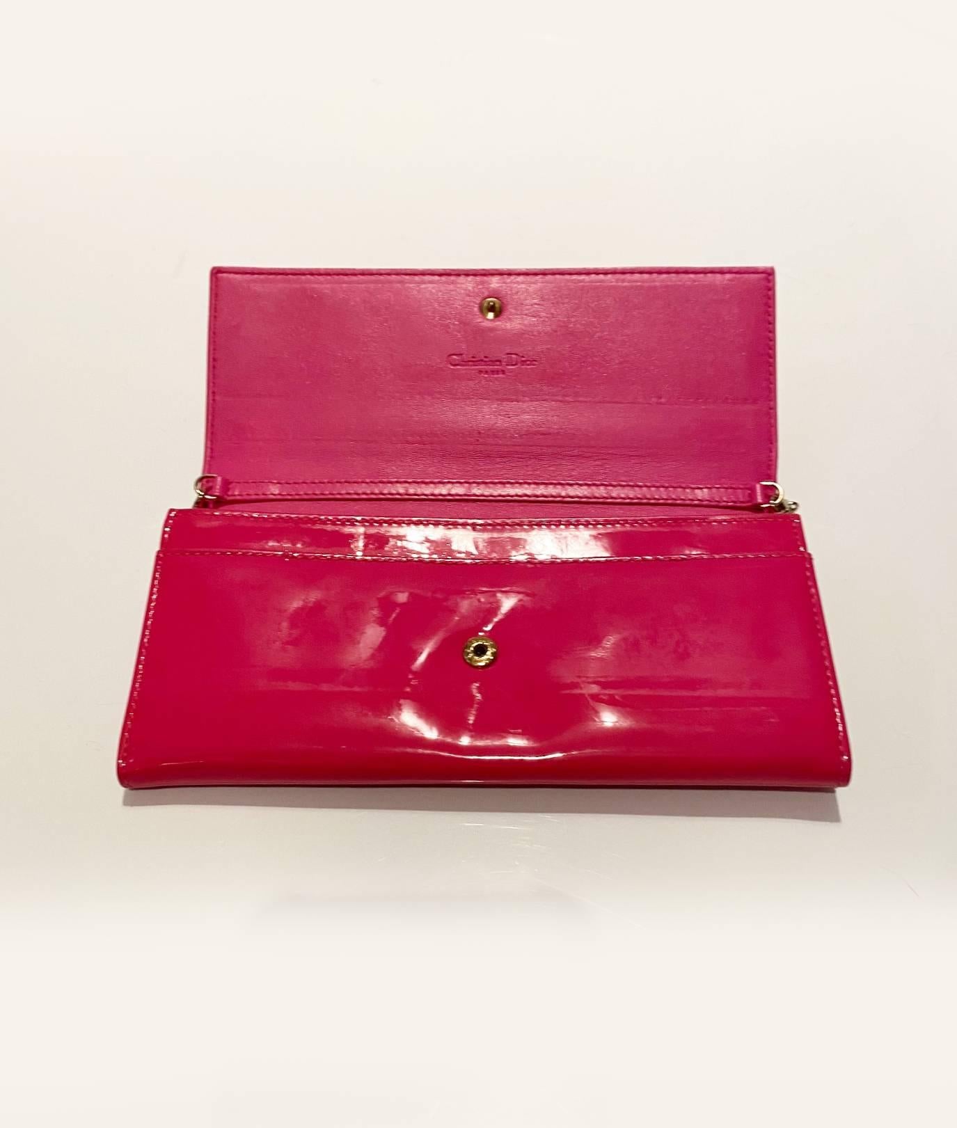 2000s Christian Dior Pink Fuchsia Patent Leather Handbag On Chain