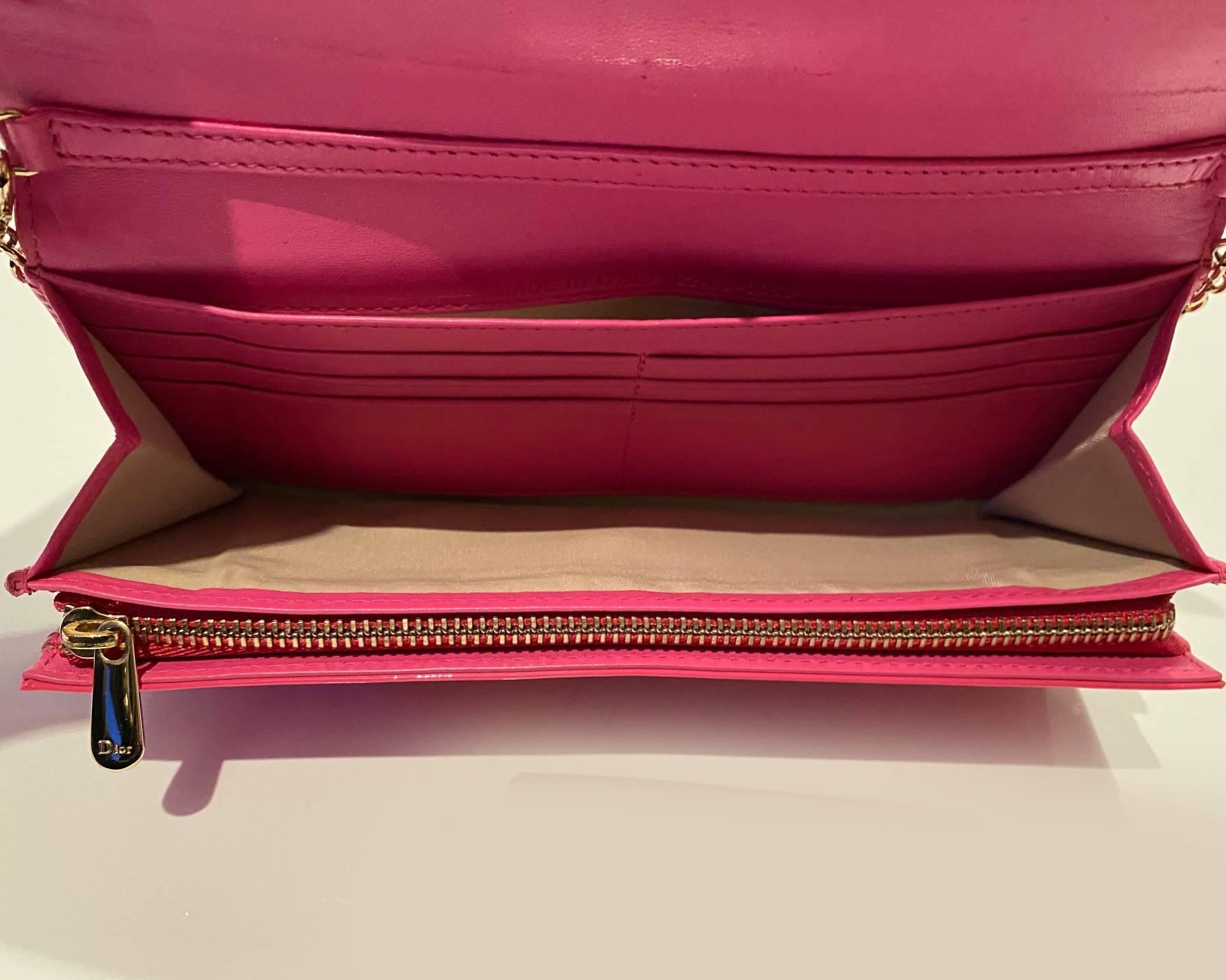 2000s Christian Dior Pink Fuchsia Patent Leather Handbag On Chain