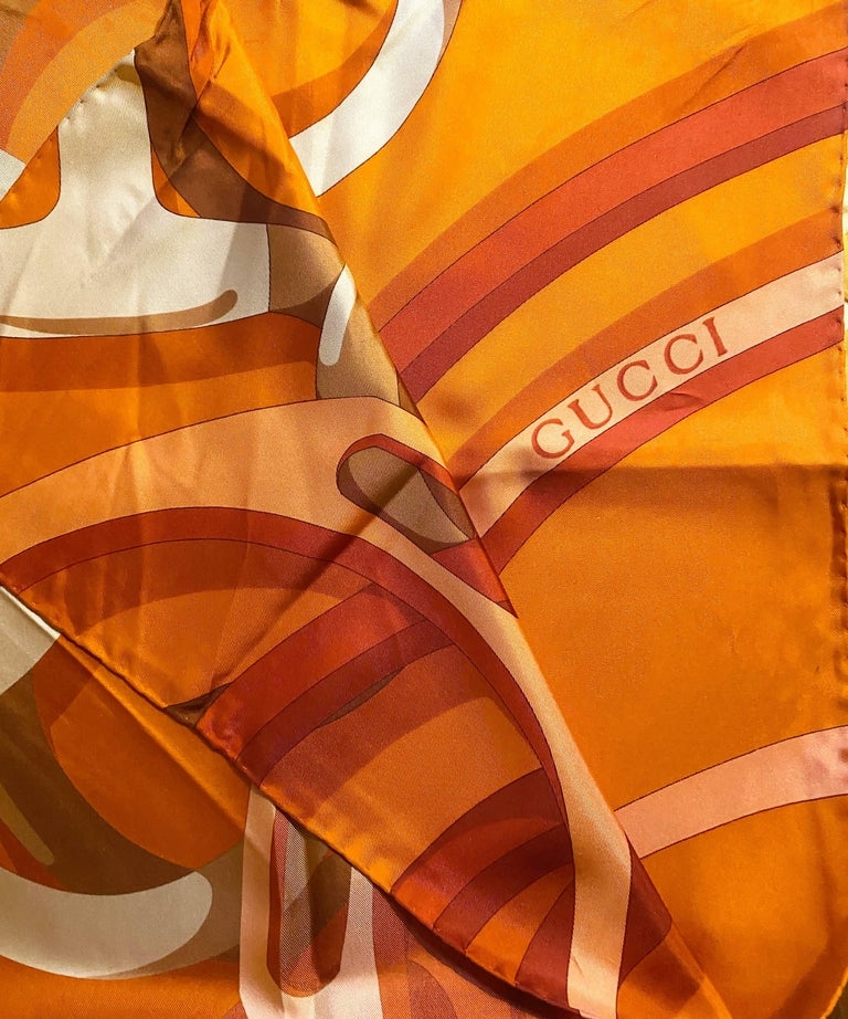 1980s Gucci Orange Gold Horsebit Silk Scarf